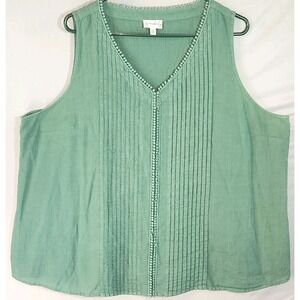 Wonderly Blouse Women's XXL green linen blend sleeveless pleated front V-neck‎
